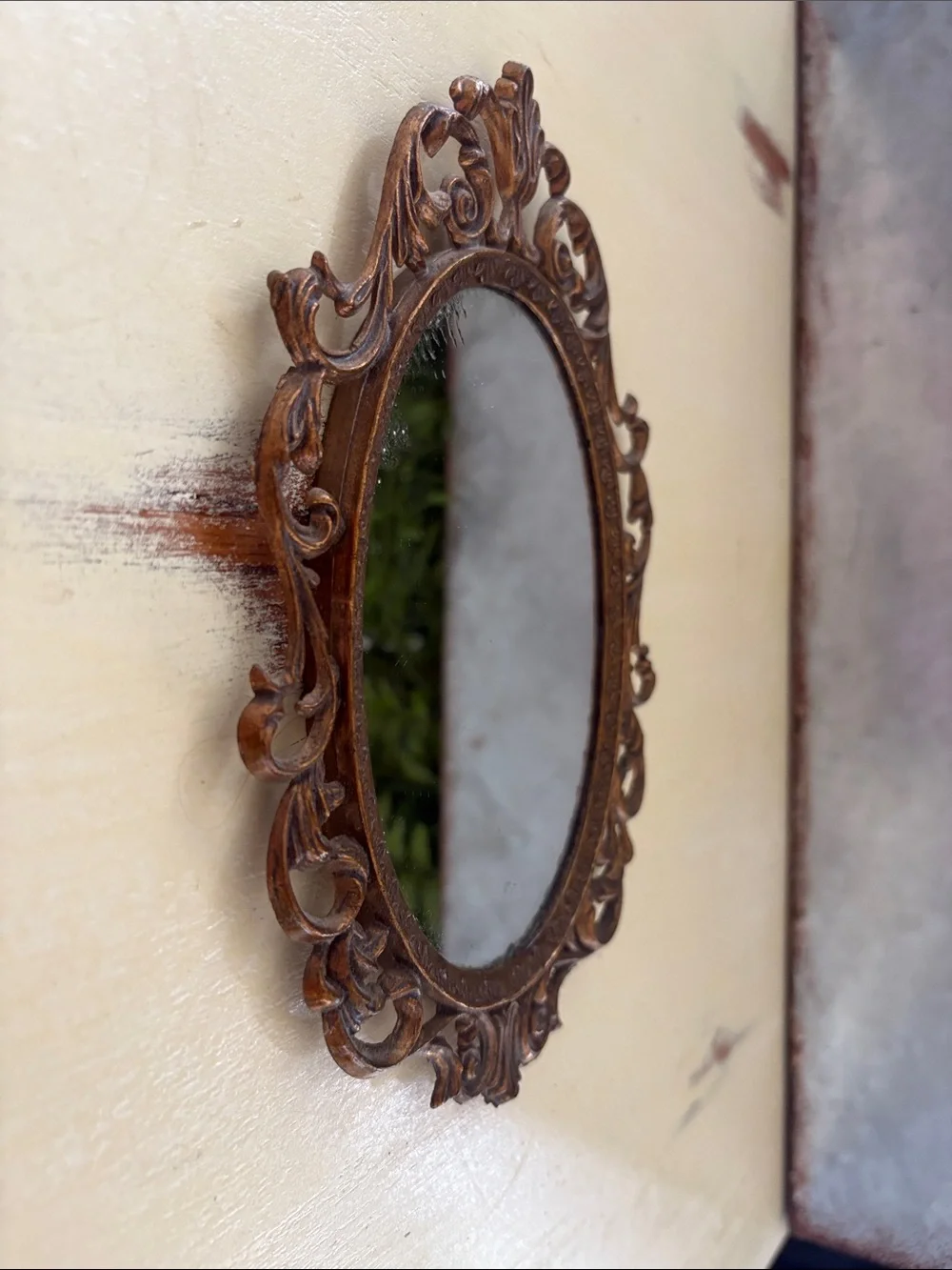 Vintage Antique Italian framed “Action”Oval Mirror Metal Filigree Wall Hanging